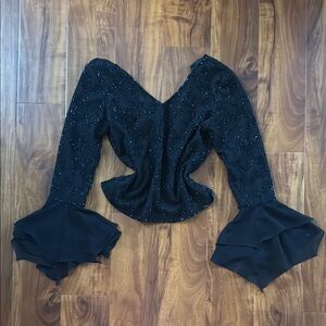 Vintage Flared Sleeves Beaded Backless Top